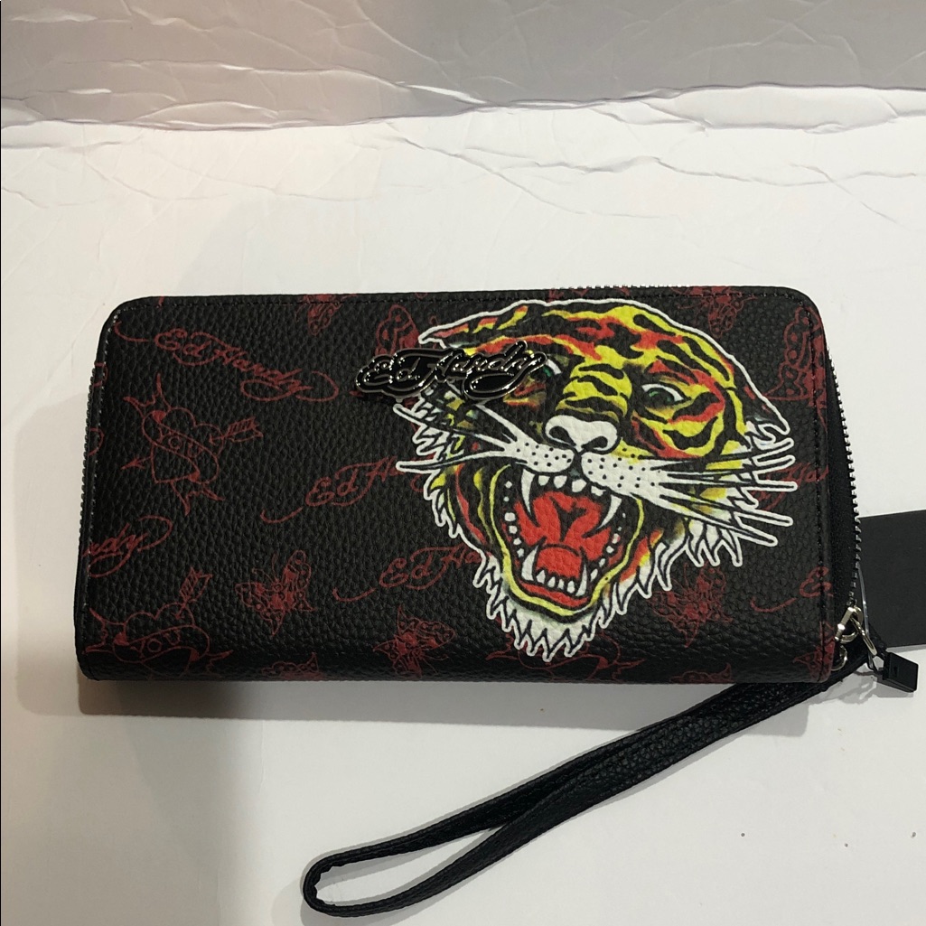 Ed Hardy Black And Red Monogram Iconic Ed Hardy Tiger Print Wallet Wristlet New
